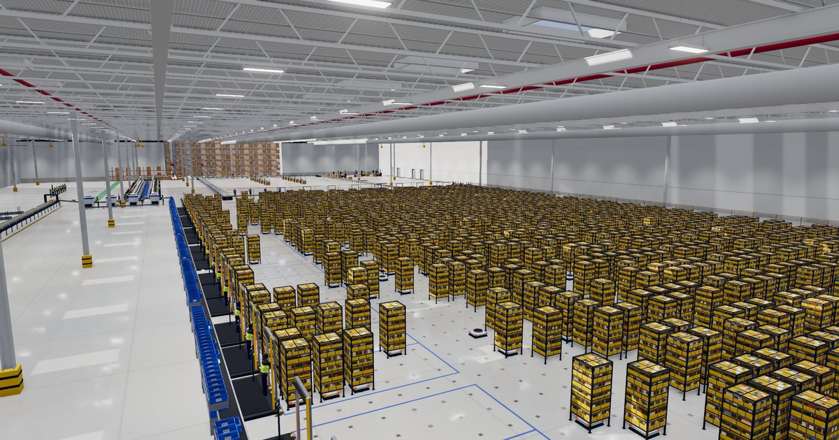 A digital twin of a warehouse: racks moved by robots, pick stations and a conveyor