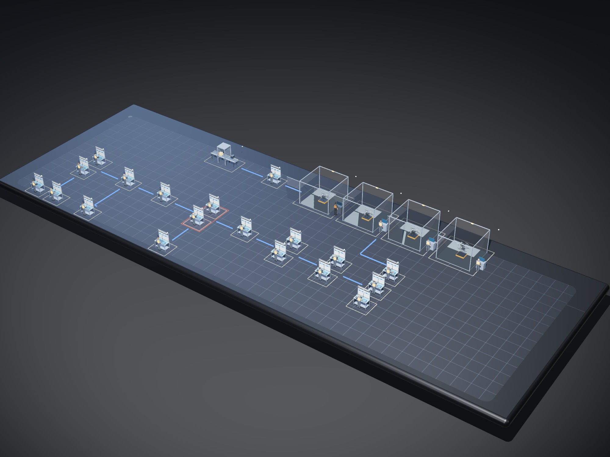 The live twin of the Drone X1 line on a floating slab in a dark studio